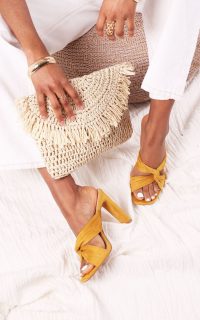 The Fashion Bible YELLOW SUEDE MULE WITH KNOTTED FRONT STRAP AND THIN HEEL | sunny mules