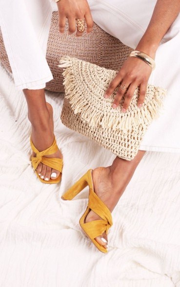 The Fashion Bible YELLOW SUEDE MULE WITH KNOTTED FRONT STRAP AND THIN HEEL | sunny mules - flipped