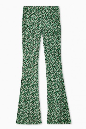 TOPSHOP Green Floral Print Flare Trousers – retro pants - flipped