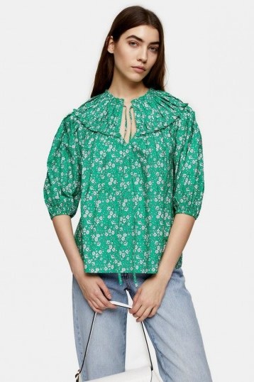 TOPSHOP Green Floral Puff Sleeve Blouse - flipped