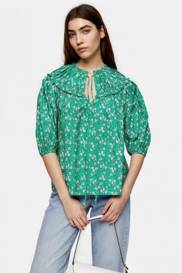 TOPSHOP Green Floral Puff Sleeve Blouse