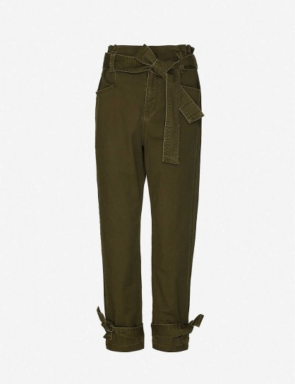 HAPPY X NATURE Amelia paperbag waist high-rise tapered stretch-twill trousers ~ ankle tie pants