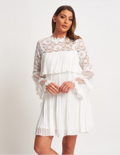 FOREVER UNIQUE Ivory Tiered Lace And Pleated Mini Dress ~ semi sheer summer dresses - flipped