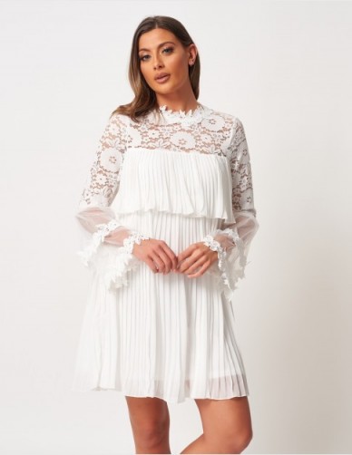 FOREVER UNIQUE Ivory Tiered Lace And Pleated Mini Dress ~ semi sheer summer dresses