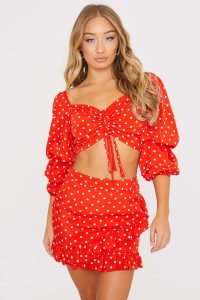 JAC JOSSA RED POLKA DOT RUCHED CO ORD CROP TOP