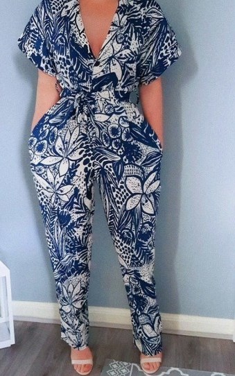 IKRUSH Kara Printed Jumpsuit in Navy / blue flower print jumpsuits - flipped