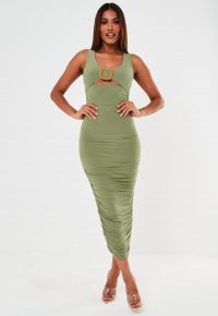 Missguided khaki slinky buckle ruched midaxi dress | green bodycon