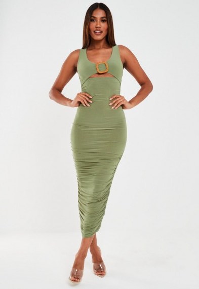 Missguided khaki slinky buckle ruched midaxi dress | green bodycon - flipped