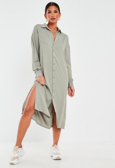 MISSGUIDED khaki utility midi shirt dress - flipped