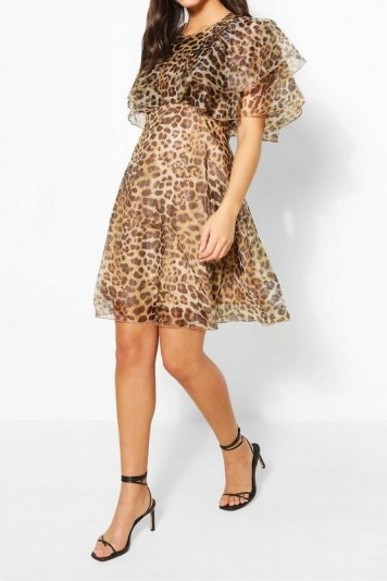 BOOHOO Leopard Organza Ruffle Skater Dress – floaty going out dresses - flipped