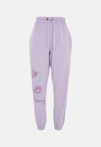 MISSGUIDED lilac co ord diamante dragon joggers / embellished jogging bottoms - flipped