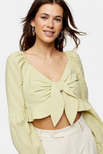 TOPSHOP Lime Green Textured Knot Front Frill Blouse - flipped