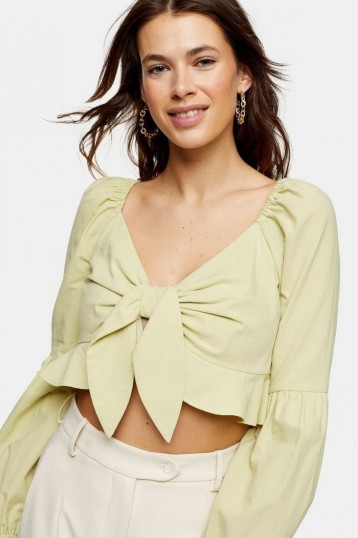 TOPSHOP Lime Green Textured Knot Front Frill Blouse