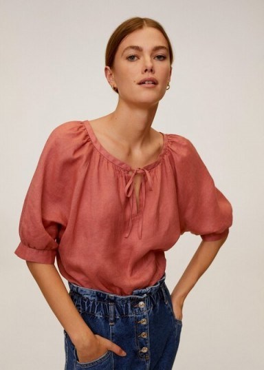 MANGO Santa Linen blouse pink | peasant style blouses - flipped