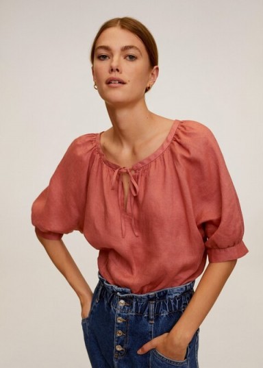 MANGO Santa Linen blouse pink | peasant style blouses