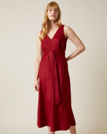 JIGSAW LINEN V NECK MIDI DRESS RASPBERRY ~ sleeveless summer dresses