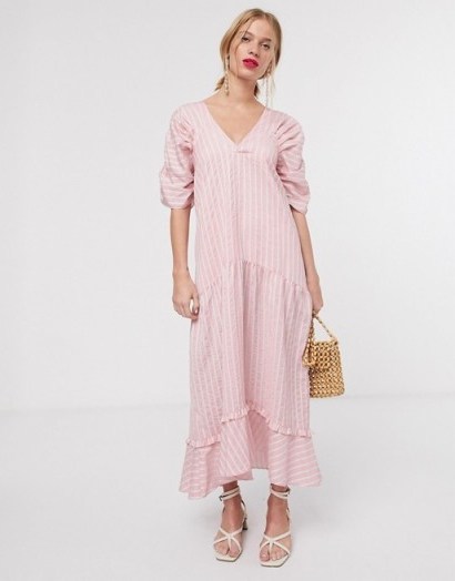 Lost Ink maxi smock dress with tiered skirt in pink stripe - flipped