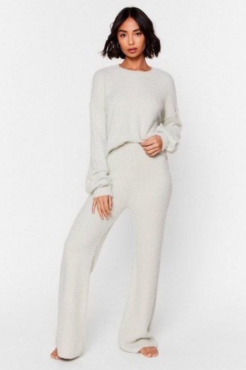 Nasty Gal Luxe Good to Me Fluffy Knit Wide-Leg Lounge Set Mint - flipped