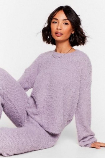 NASTY GAL Luxe Good to Me Fluffy Knit Wide-Leg Lounge Set Lavender