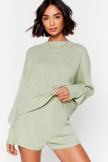 Nasty Gal Luxe Like Fun Sweater and Shorts Lounge Set Sage - flipped