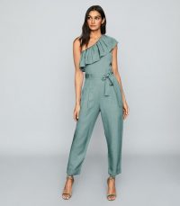 REISS MADELINE ONE SHOULDER JUMPSUIT GREEN ~ ruffle trim jumpsuits