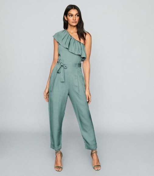 REISS MADELINE ONE SHOULDER JUMPSUIT GREEN ~ ruffle trim jumpsuits - flipped