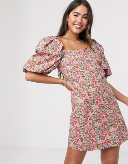 Mango campaign volume sleeve mini dress in pink floral print - flipped