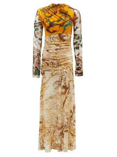 JIL SANDER Marble-print silk-jersey dress ~ ruched mixed print dresses - flipped