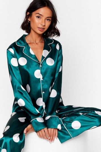 My Spotlight Satin Polka Dot Pajama Set – emerald pyjamas – pyjama sets - flipped