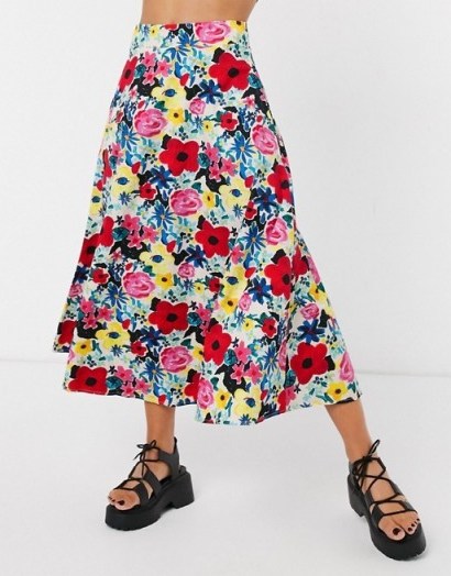NA-KD poppy floral midi skirt in multi | full and floaty A-line skirts - flipped