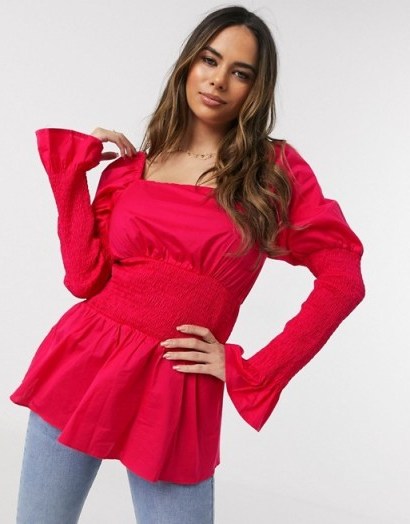 NA-KD smocked puff sleeve blouse in fuchsia pink - flipped