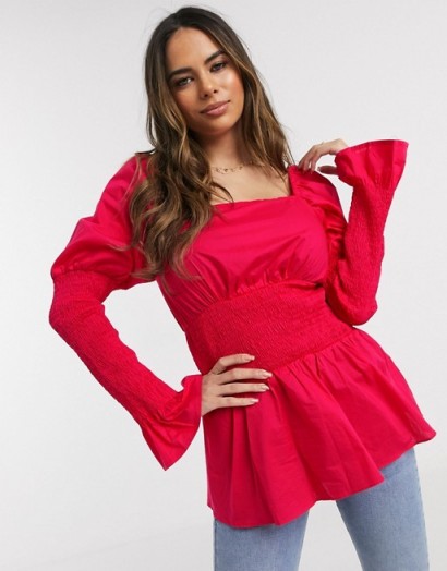 NA-KD smocked puff sleeve blouse in fuchsia pink
