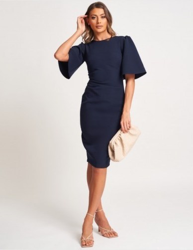 FOREVER UNIQUE Navy Crepe Ruched Midi Dress With Wide Sleeves ~ chic blue occasion dresses - flipped