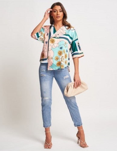 FOREVER UNIQUE Nude And Turquoise Printed Top ~ asymmetric summer tops - flipped