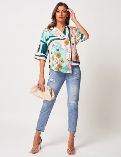 FOREVER UNIQUE Nude And Turquoise Printed Top ~ asymmetric summer tops