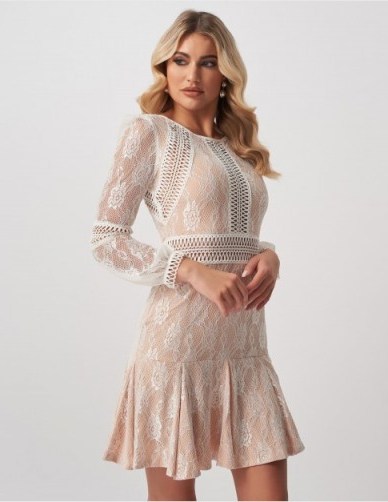 FOREVER UNIQUE Nude & Ivory Embroidered Overlay Lace Mini Dress With Frill Skirt - flipped
