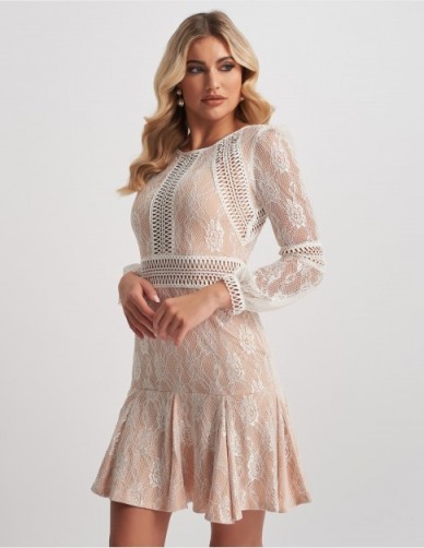 FOREVER UNIQUE Nude & Ivory Embroidered Overlay Lace Mini Dress With Frill Skirt