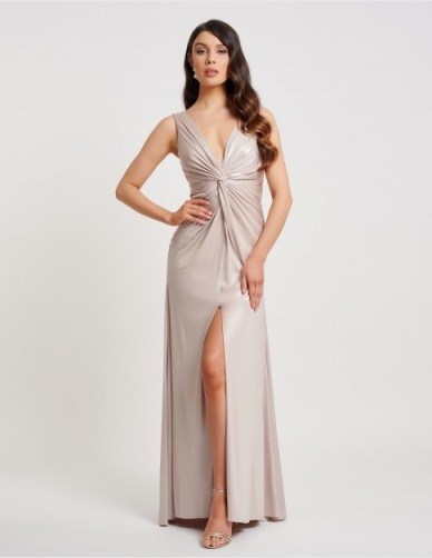 FOREVER UNIQUE Nude Plunging Front Knot Maxi Dress ~ evening glamour - flipped