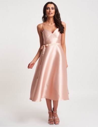 FOREVER UNIQUE Nude Satin A-Line Midi Dress ~ classic fit and flare party dresses - flipped