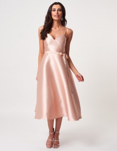 FOREVER UNIQUE Nude Satin A-Line Midi Dress ~ classic fit and flare party dresses
