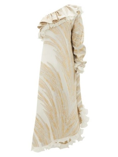 DUNDAS One-shoulder feather-jacquard crepe dress ~ ruffle trim dresses - flipped
