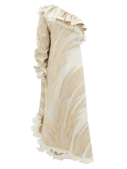 DUNDAS One-shoulder feather-jacquard crepe dress ~ ruffle trim dresses