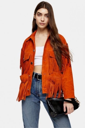 TOPSHOP Orange Fringe Leather Jacket – western style outerwear - flipped