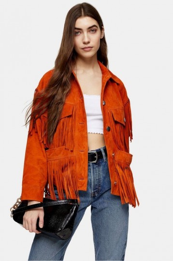 TOPSHOP Orange Fringe Leather Jacket – western style outerwear