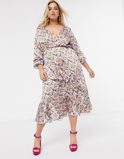 Outrageous Fortune Plus wrap front ruffle tiered midi dress in lilac floral print - flipped