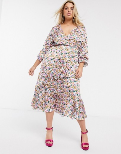 Outrageous Fortune Plus wrap front ruffle tiered midi dress in lilac floral print