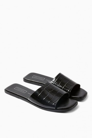 TOPSHOP PAISLEY Black Leather Mules. CROC EMBOSSED FLATS - flipped