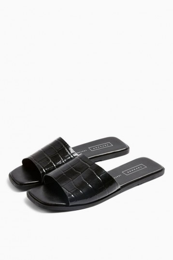 TOPSHOP PAISLEY Black Leather Mules. CROC EMBOSSED FLATS