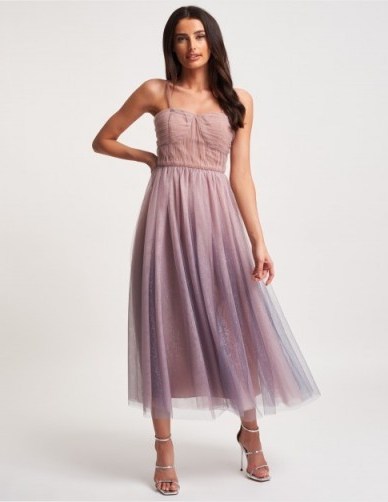 FOREVER UNIQUE Pink And Blue Mesh Midi Dress ~ shimmery party dresses - flipped