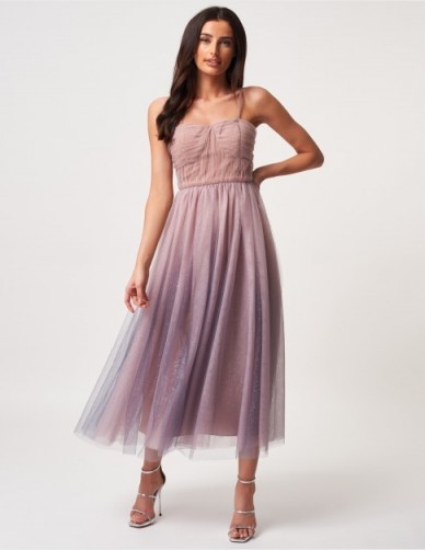 FOREVER UNIQUE Pink And Blue Mesh Midi Dress ~ shimmery party dresses